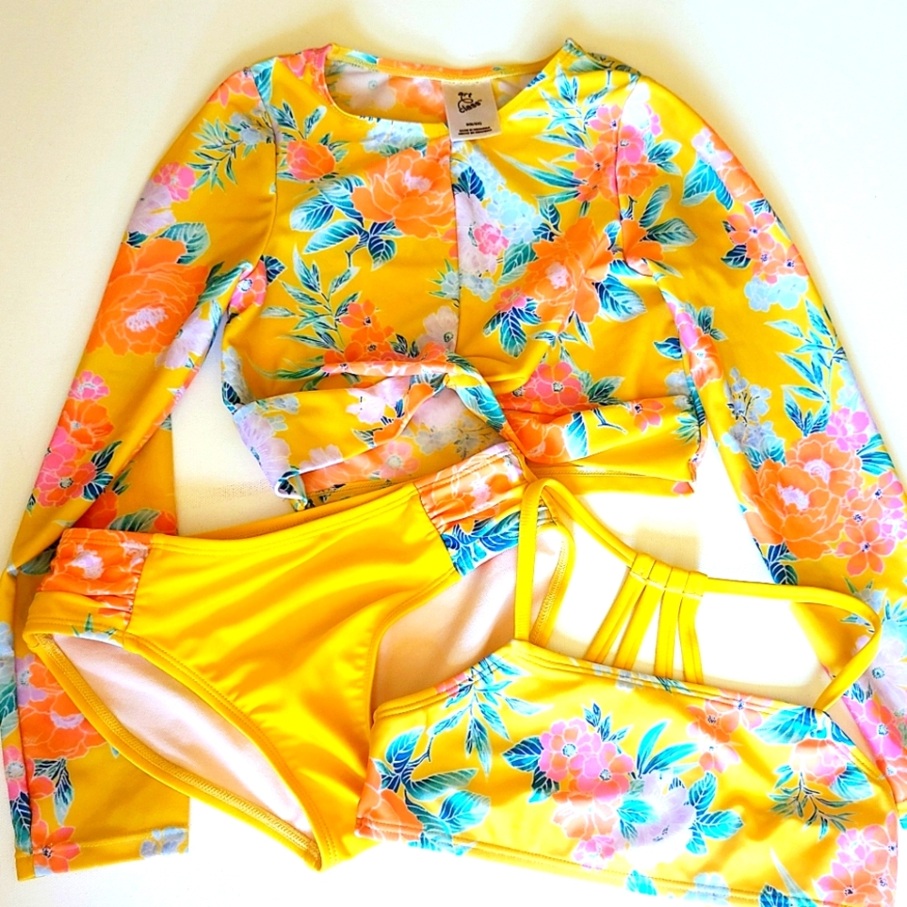 Art Class Yellow Floral 3 Piece Swim Set EUC